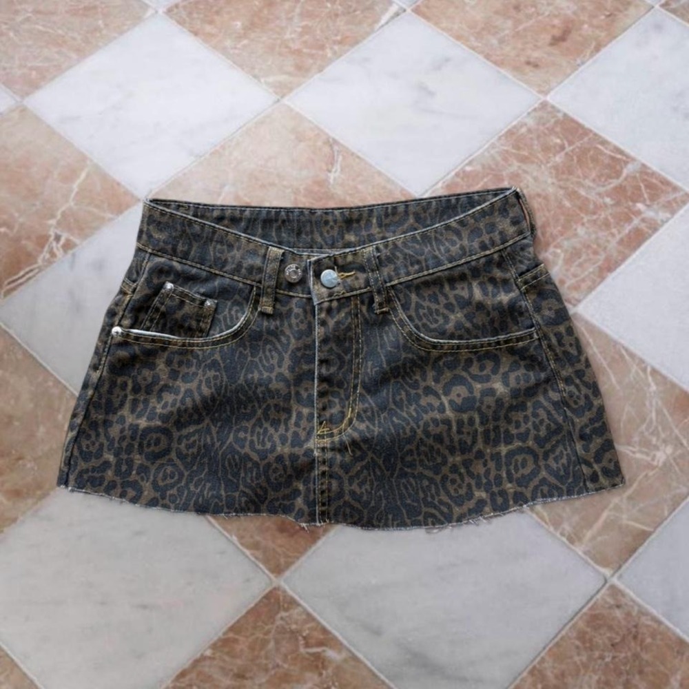 Leopard print denim mini skirt with frayed raw hem y2k denim grunge